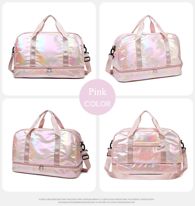 Iridescent Pearl Gym Bag ,Holographic Shiny Sports Duffel with Separate Shoe Compartment,Large Capacity Yoga Bag with Wet Dry Separation ,Trendy Travel Weekender Bag for Women