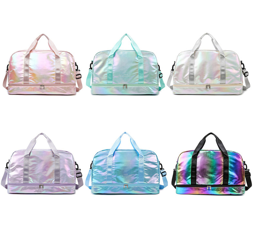 Iridescent Pearl Gym Bag ,Holographic Shiny Sports Duffel with Separate Shoe Compartment,Large Capacity Yoga Bag with Wet Dry Separation ,Trendy Travel Weekender Bag for Women