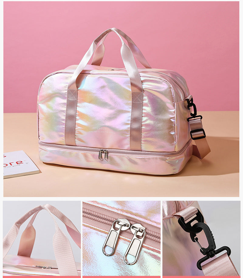 Iridescent Pearl Gym Bag ,Holographic Shiny Sports Duffel with Separate Shoe Compartment,Large Capacity Yoga Bag with Wet Dry Separation ,Trendy Travel Weekender Bag for Women