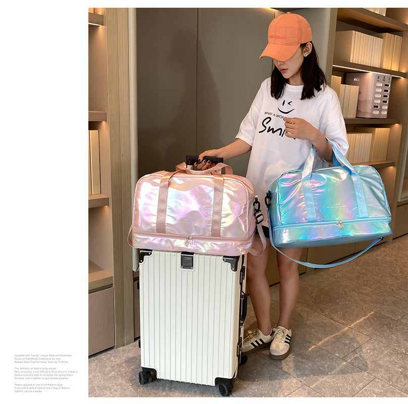 Iridescent Pearl Gym Bag ,Holographic Shiny Sports Duffel with Separate Shoe Compartment,Large Capacity Yoga Bag with Wet Dry Separation ,Trendy Travel Weekender Bag for Women