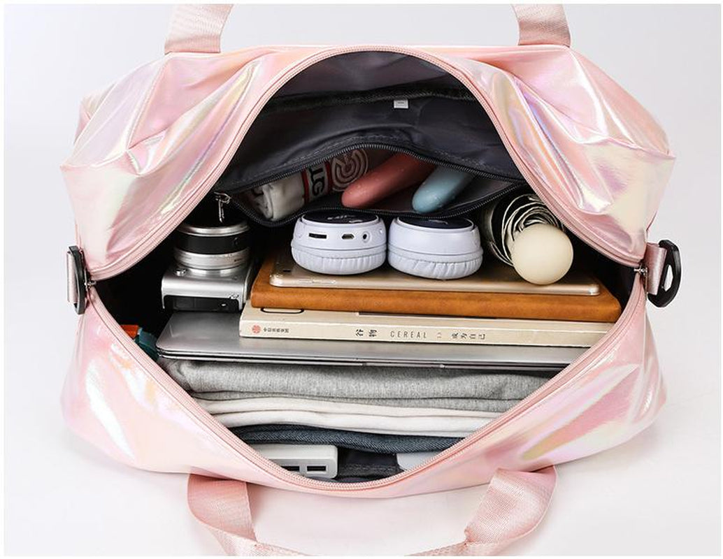Iridescent Pearl Gym Bag ,Holographic Shiny Sports Duffel with Separate Shoe Compartment,Large Capacity Yoga Bag with Wet Dry Separation ,Trendy Travel Weekender Bag for Women