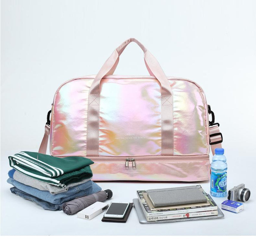 Iridescent Pearl Gym Bag ,Holographic Shiny Sports Duffel with Separate Shoe Compartment,Large Capacity Yoga Bag with Wet Dry Separation ,Trendy Travel Weekender Bag for Women