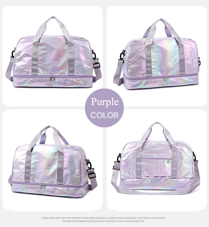 Iridescent Pearl Gym Bag ,Holographic Shiny Sports Duffel with Separate Shoe Compartment,Large Capacity Yoga Bag with Wet Dry Separation ,Trendy Travel Weekender Bag for Women
