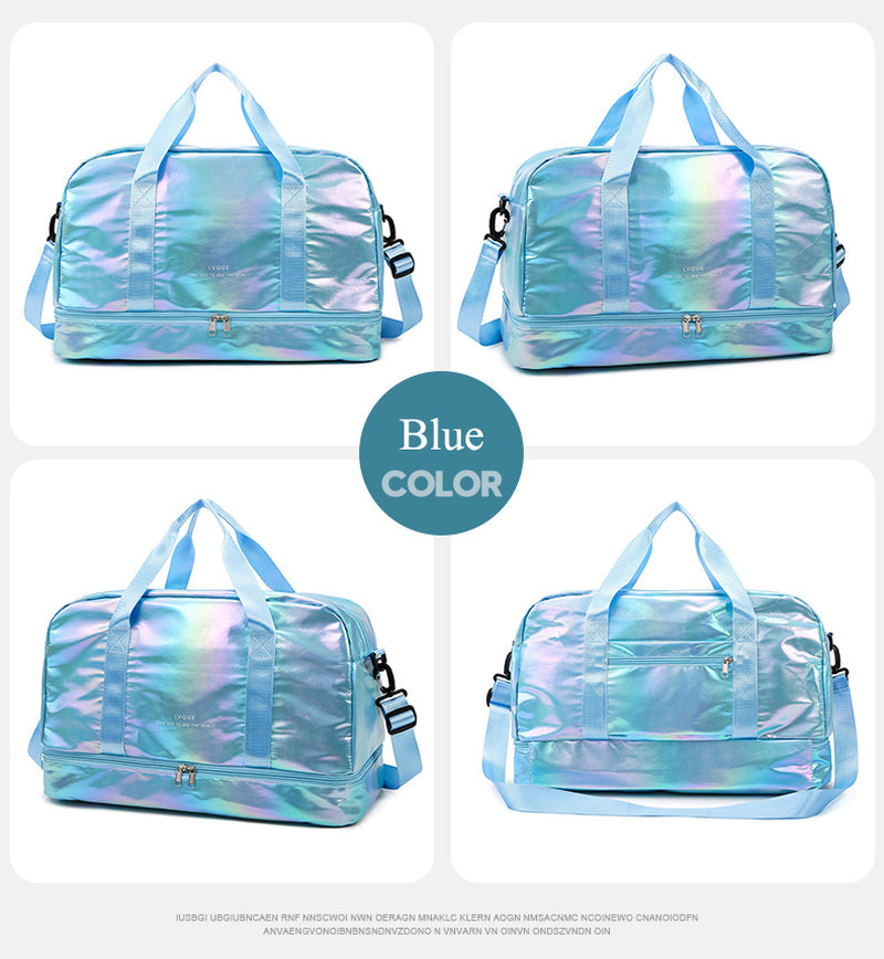 Iridescent Pearl Gym Bag ,Holographic Shiny Sports Duffel with Separate Shoe Compartment,Large Capacity Yoga Bag with Wet Dry Separation ,Trendy Travel Weekender Bag for Women