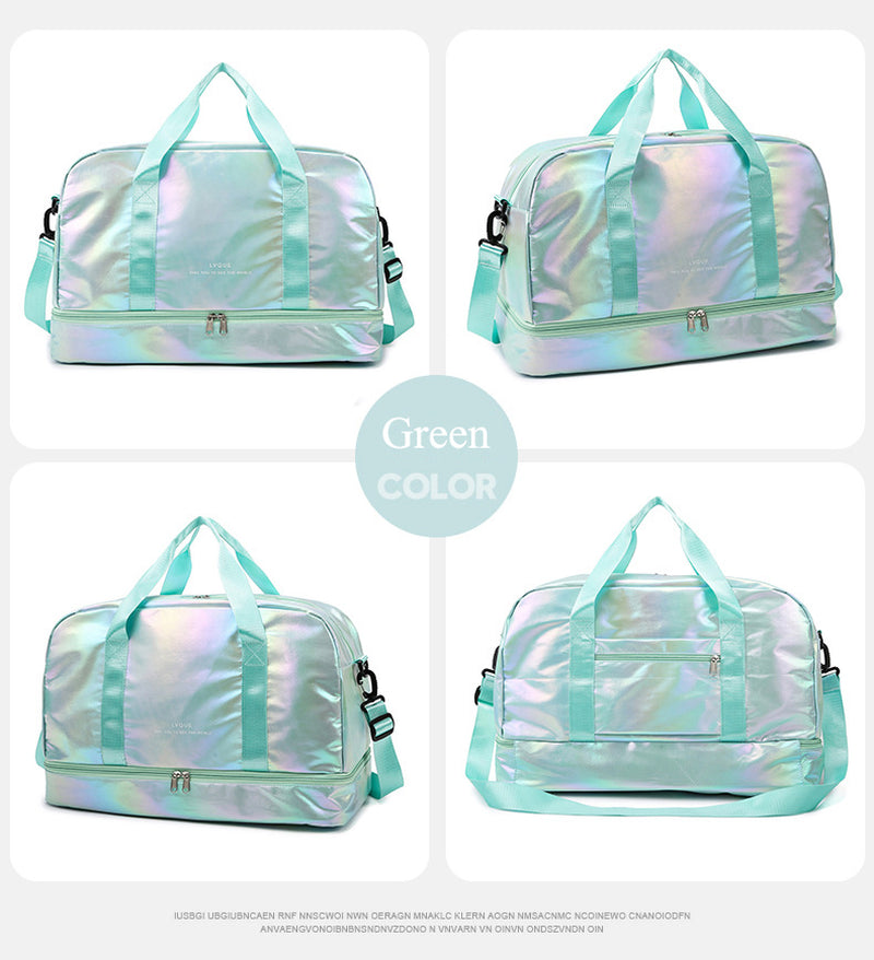 Iridescent Pearl Gym Bag ,Holographic Shiny Sports Duffel with Separate Shoe Compartment,Large Capacity Yoga Bag with Wet Dry Separation ,Trendy Travel Weekender Bag for Women