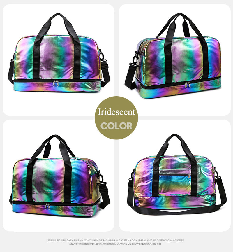 Iridescent Pearl Gym Bag ,Holographic Shiny Sports Duffel with Separate Shoe Compartment,Large Capacity Yoga Bag with Wet Dry Separation ,Trendy Travel Weekender Bag for Women