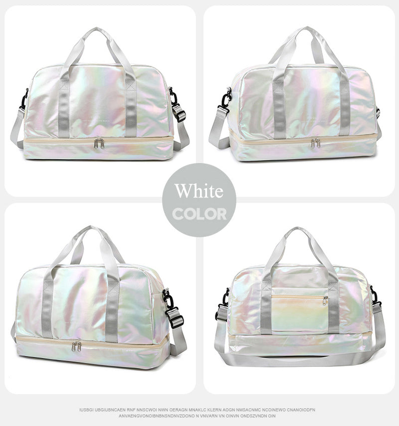 Iridescent Pearl Gym Bag ,Holographic Shiny Sports Duffel with Separate Shoe Compartment,Large Capacity Yoga Bag with Wet Dry Separation ,Trendy Travel Weekender Bag for Women