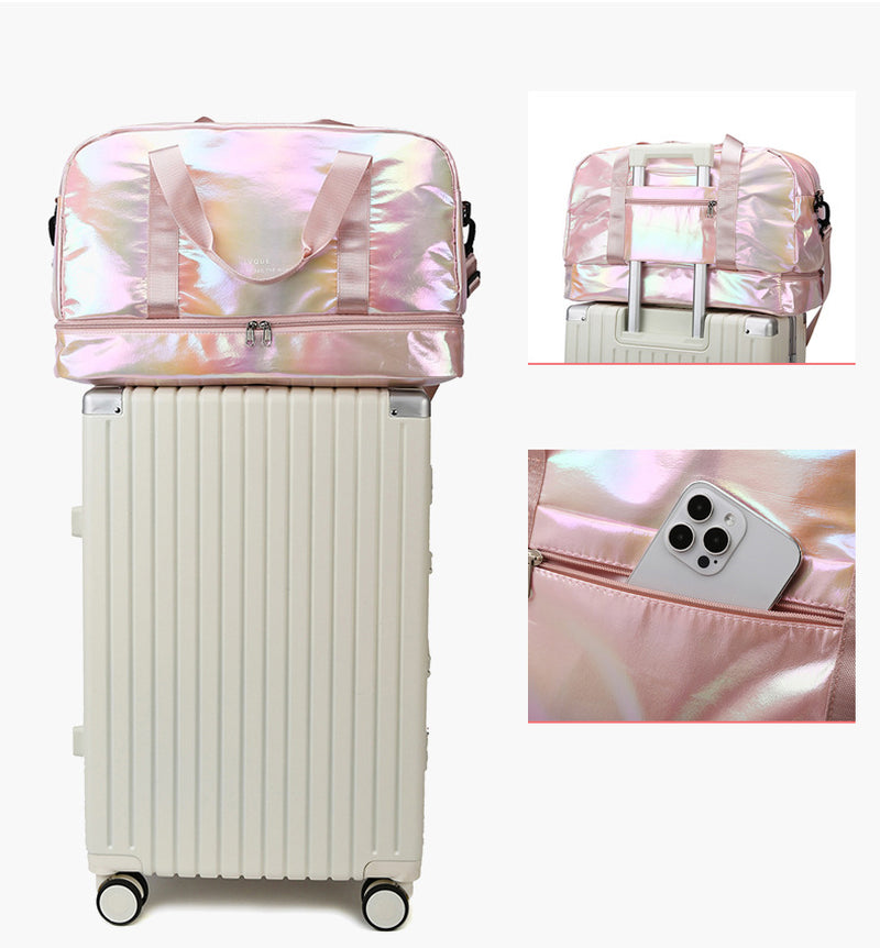 Iridescent Pearl Gym Bag ,Holographic Shiny Sports Duffel with Separate Shoe Compartment,Large Capacity Yoga Bag with Wet Dry Separation ,Trendy Travel Weekender Bag for Women