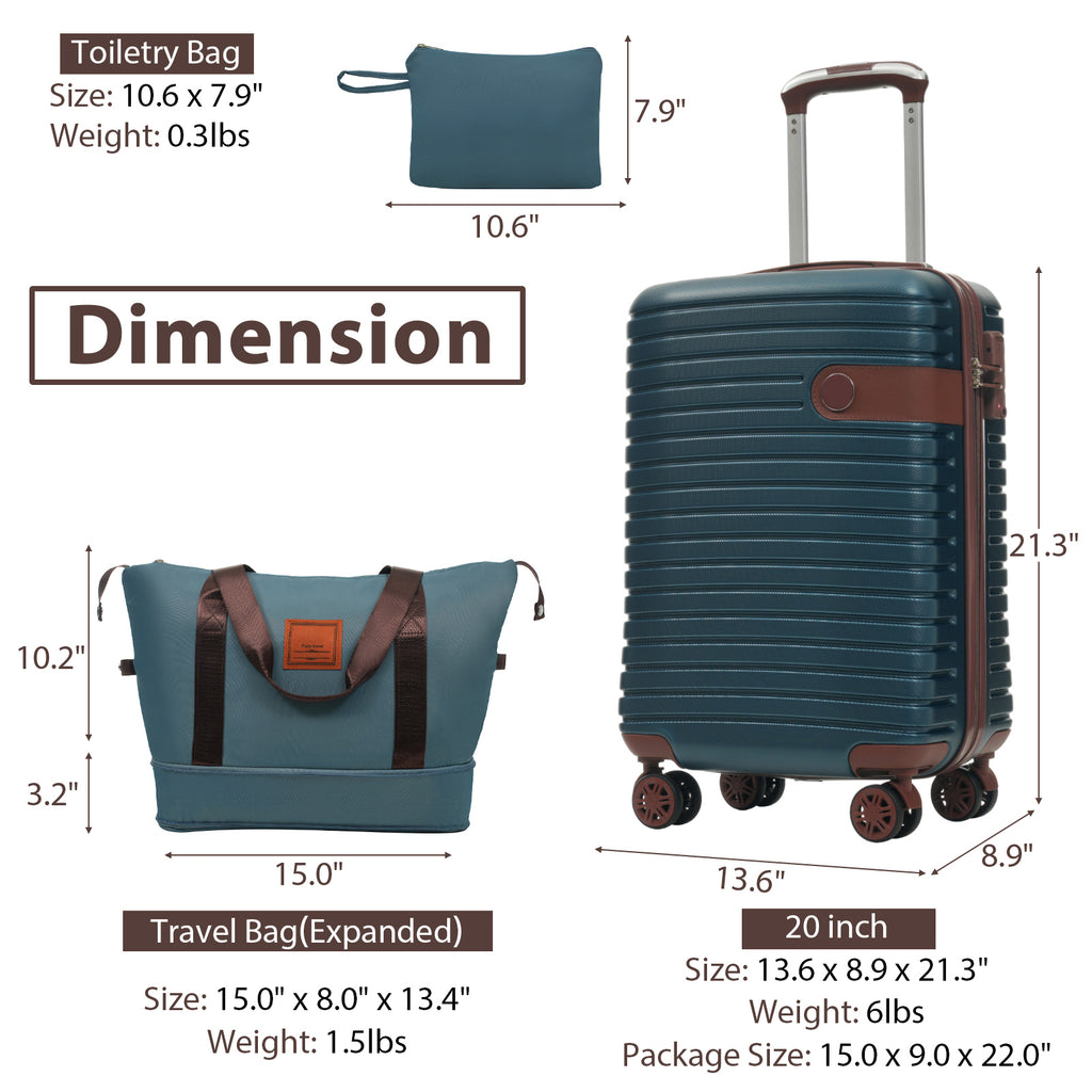 Luggage Sets 3 Piece Carry on Luggage 22X14X9 Airline Approved, Lightweight Hardshell ABS Suitcases with Wheels, 20 Inch, Ink Blue