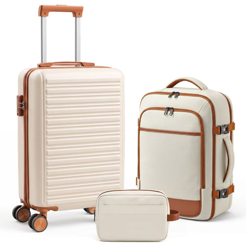 3-Piece Travel Luggage Set with Backpack, TSA Lock Hard Shell Carry on Suitcase and Travel Bag